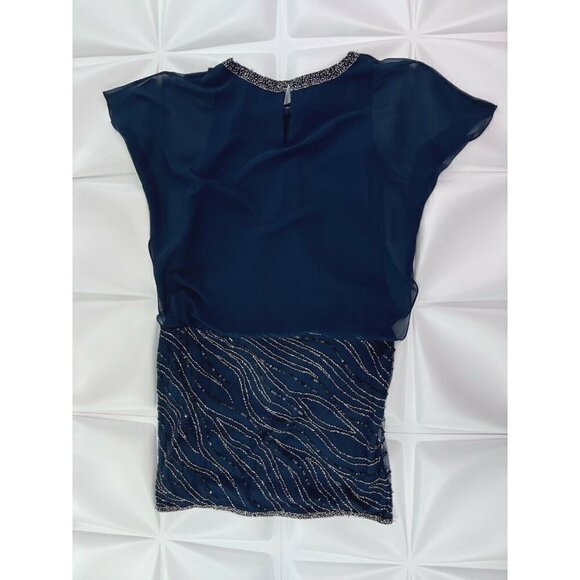 Jkara Sz 6 Navy Blue Beaded Chiffon Blouson Formal Dress Evening Flutter Sleeve - Picture 10 of 12